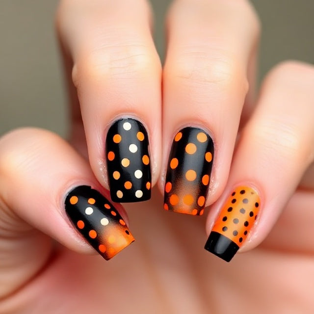 Polka Dot Black and Orange Halloween Nails: Fall Nail Art 2025 Trend