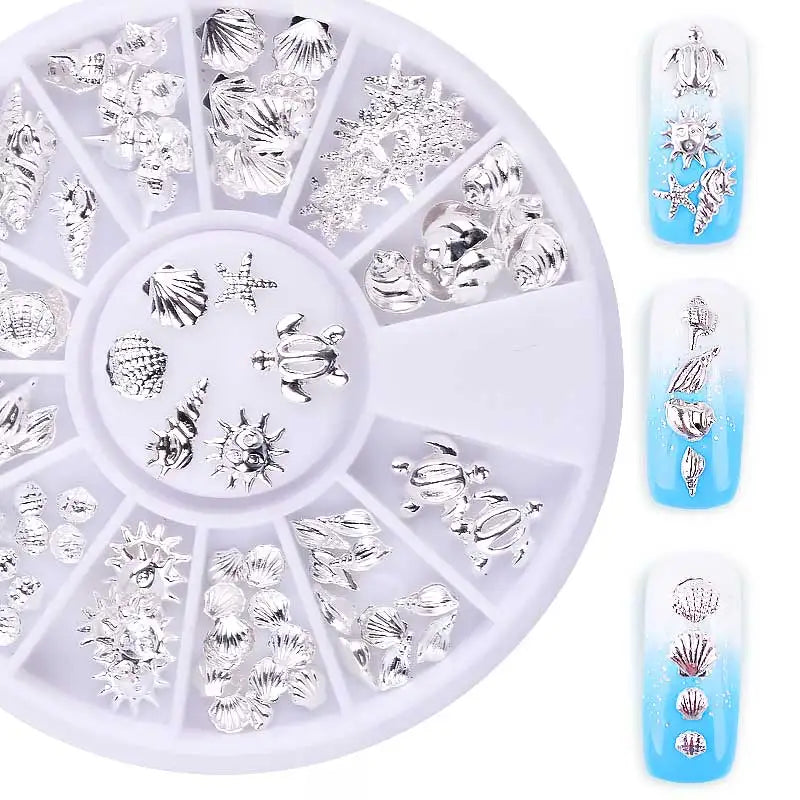 Shop Silver Metal Nail Studs! 3D ocean-inspired nail art with shells, conches & starfish. DIY, acrylic, gel, or press-on nails. Reusable & stylish.