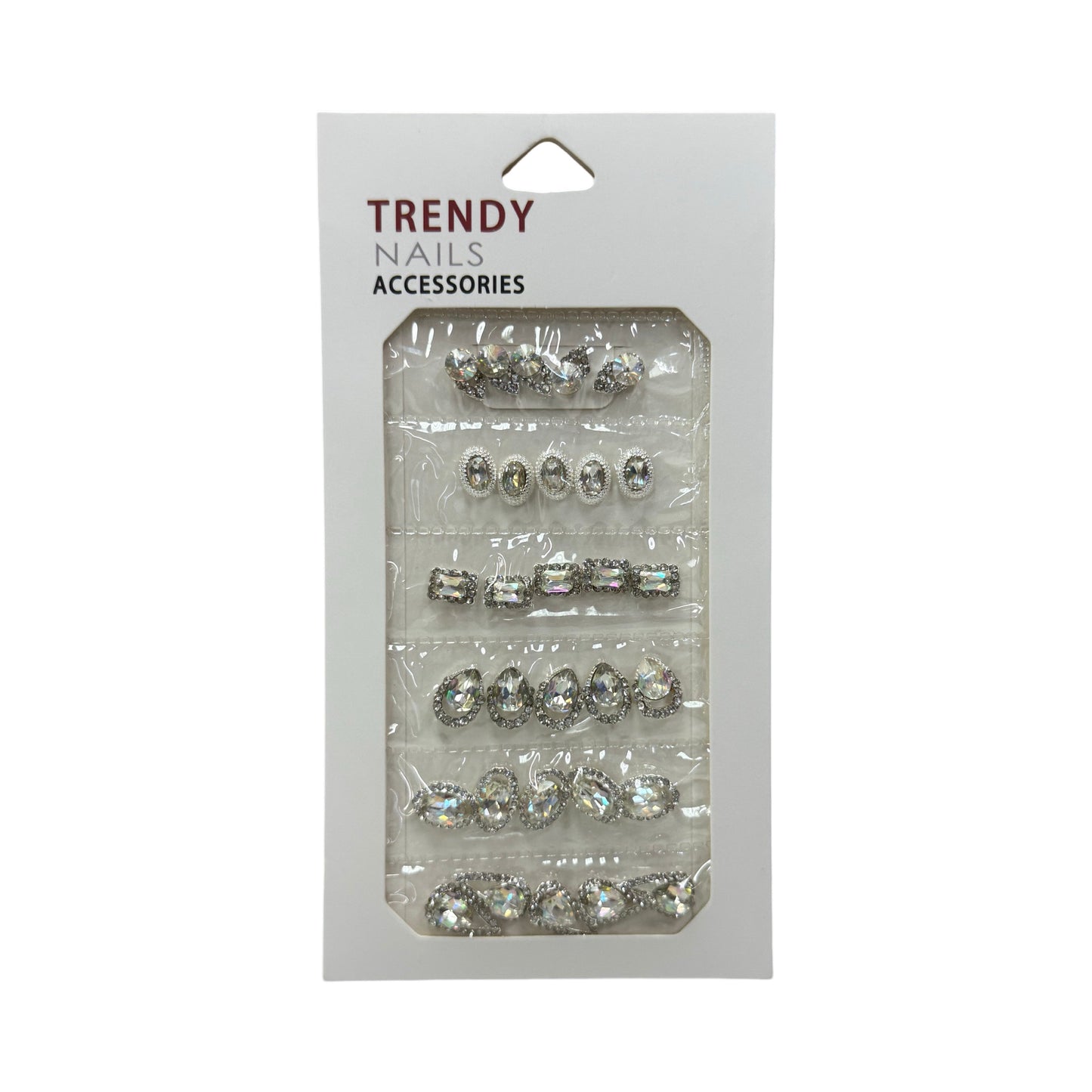 Packaged nail accessories with 'Trendy Nails Accessories' branding on a white background