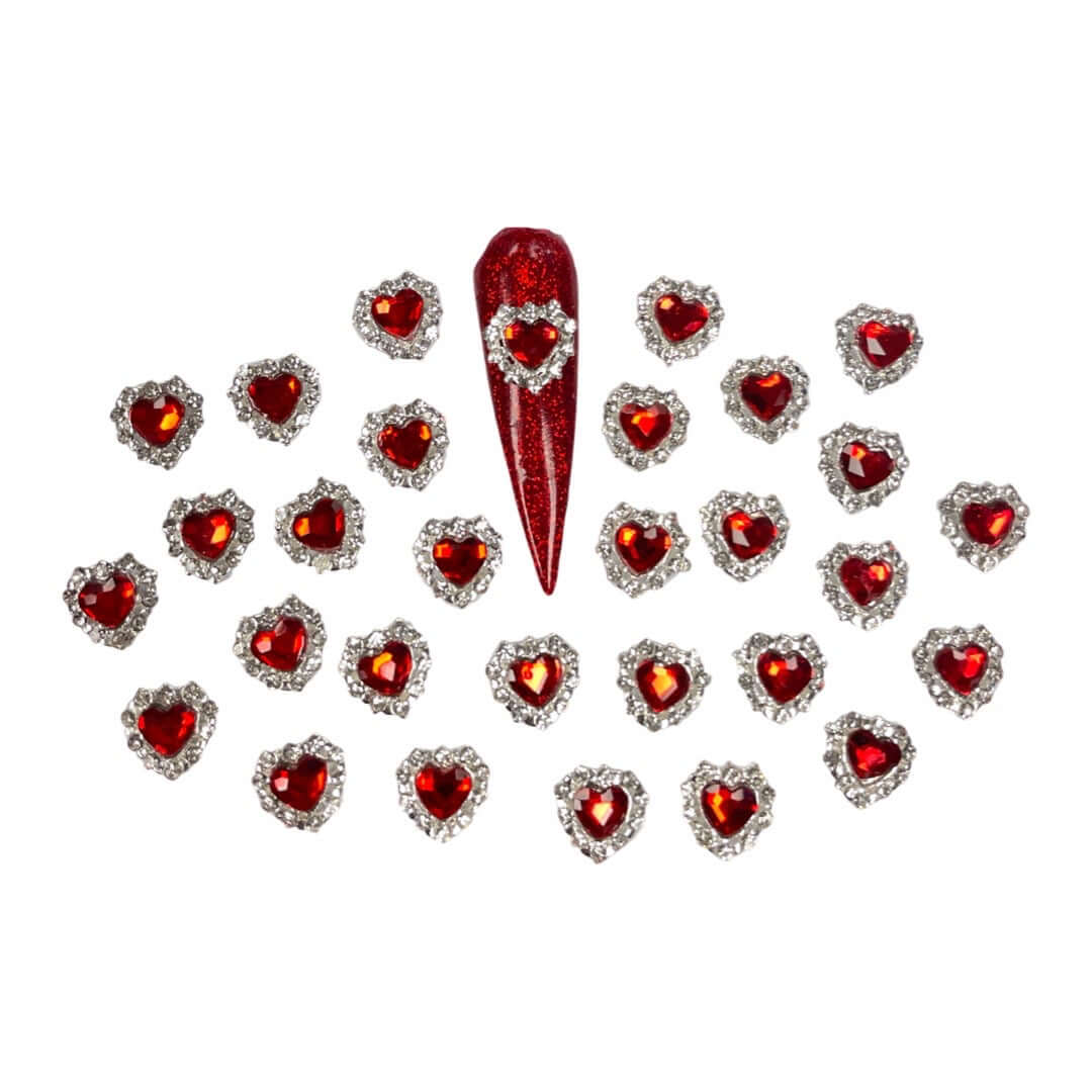 3D Red & Silver Heart Nail Charms - 30pc