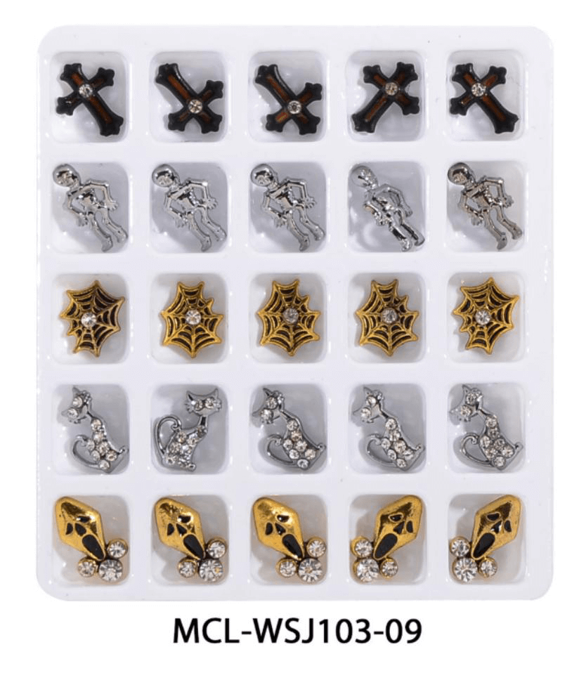 Set of decorative nail art charms in a clear plastic case with 'MCL-WSJ103-09' label.