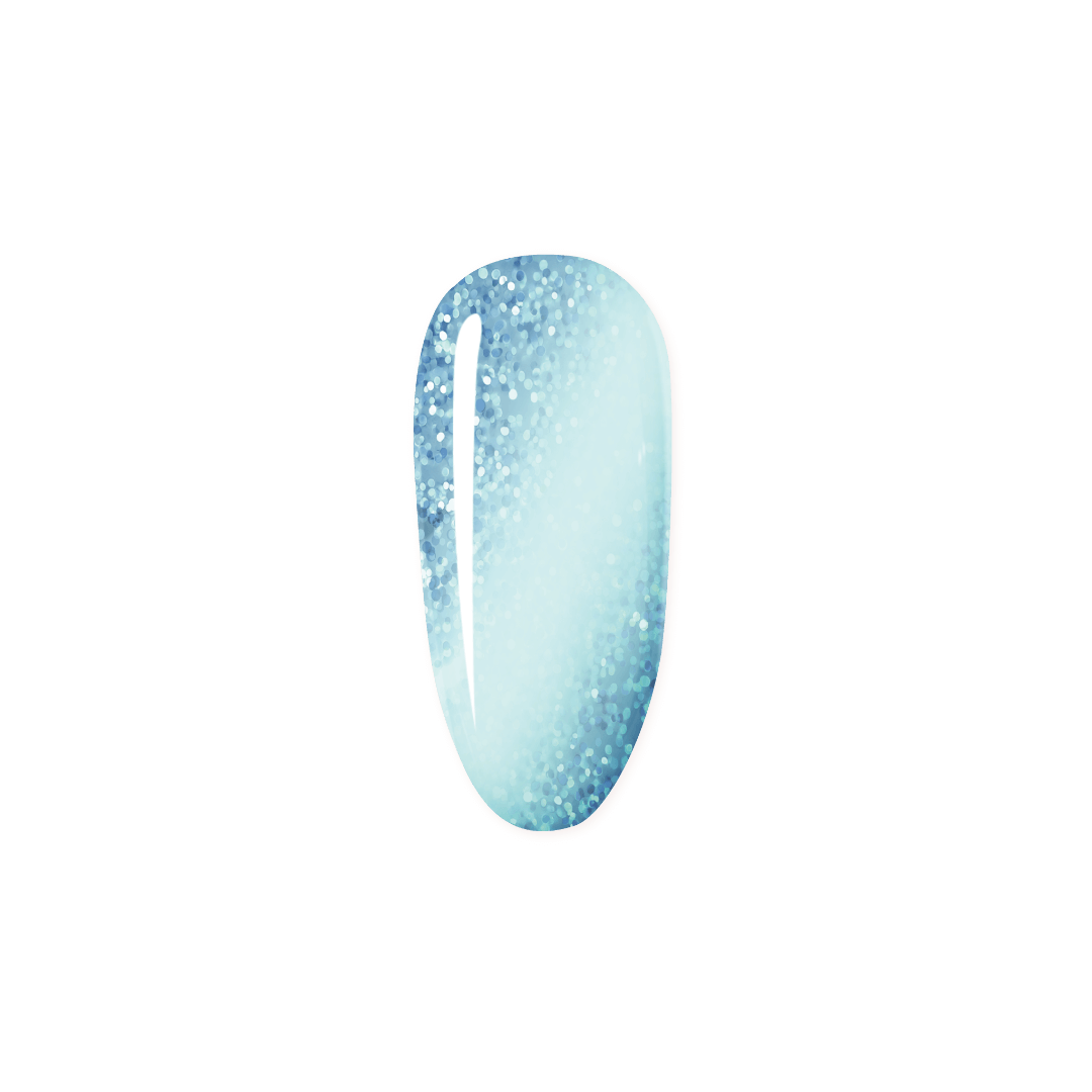 Nail polish with a light blue color and glittery texture on a white background