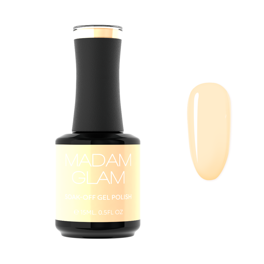 Adam Glam gel polish bottle with a beige nail sample on a white background