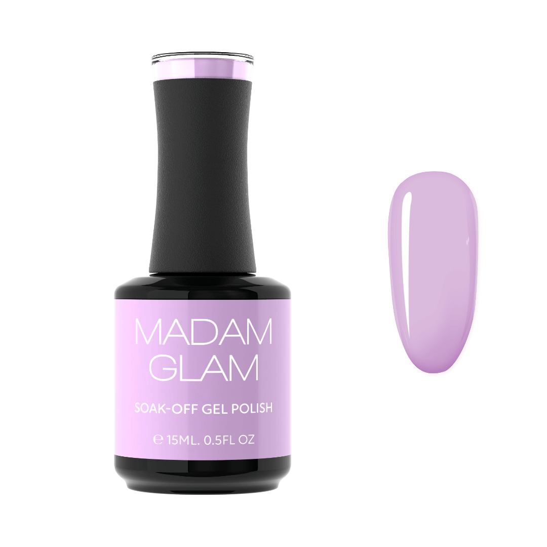 Madam Glam soak-off gel polish bottle with a swatch of purple color on a white background