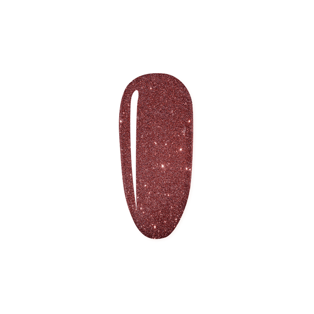 Nail polish with glittery red-brown color on a white background