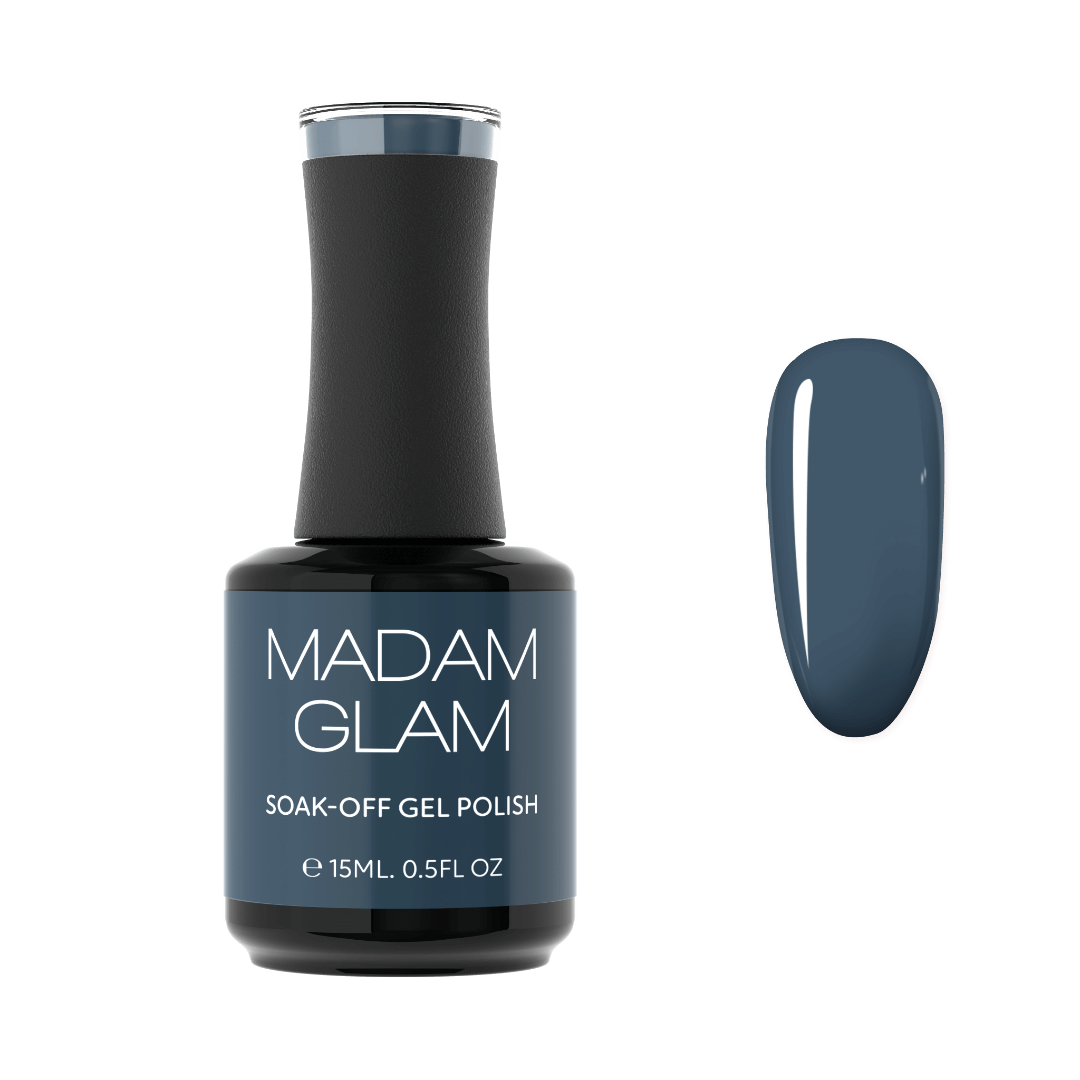 MADAM GLAM soak-off gel polish bottle with a matching nail swatch on a white background