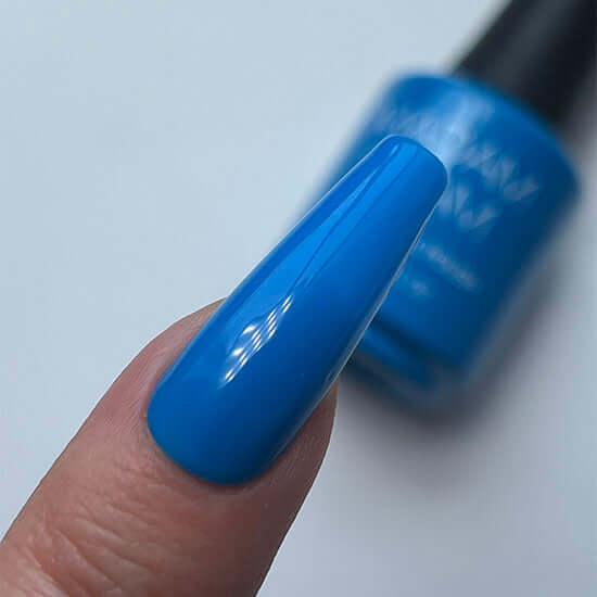 Close-up of a blue nail polish bottle and a painted fingernail on a light gray background