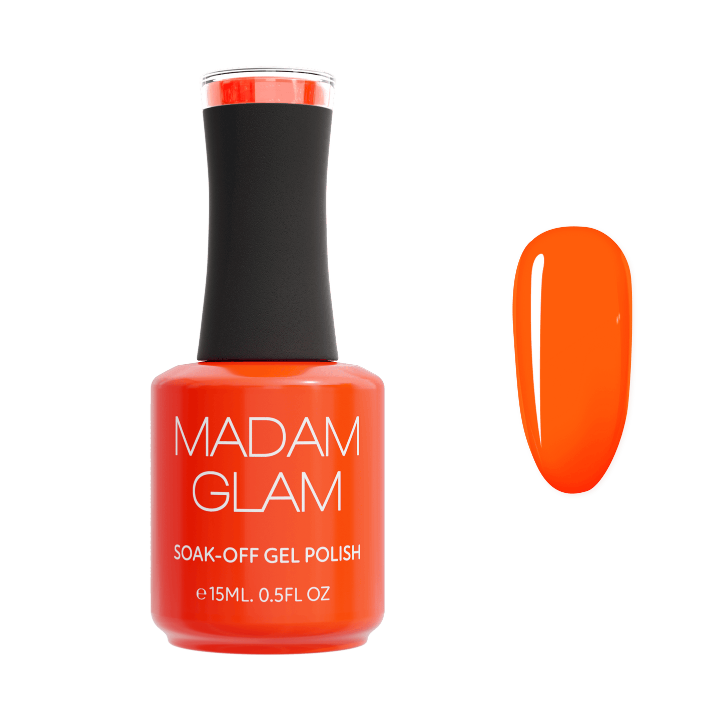 Orange nail polish bottle with black cap and 'MADAM GLAM' branding on a white background.