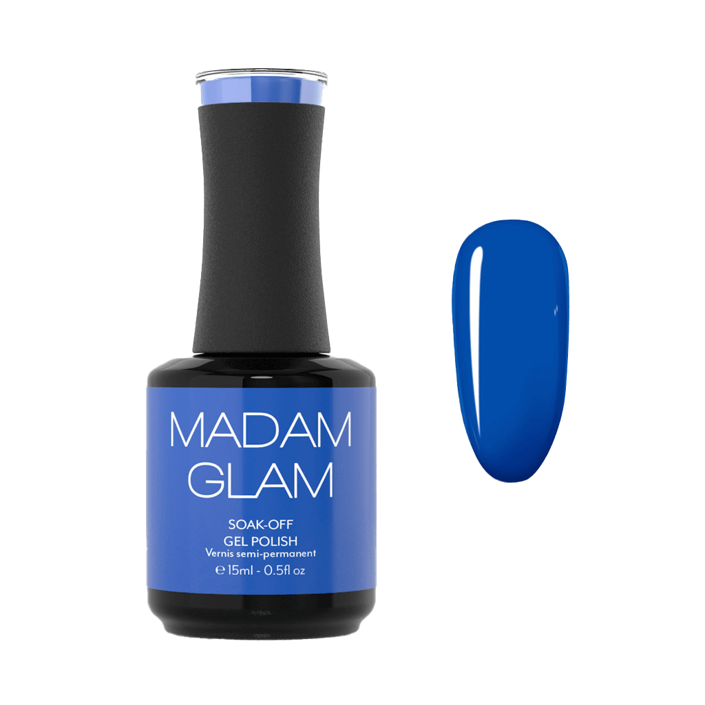 Blue gel polish bottle with 'Madam Glam' label on a white background