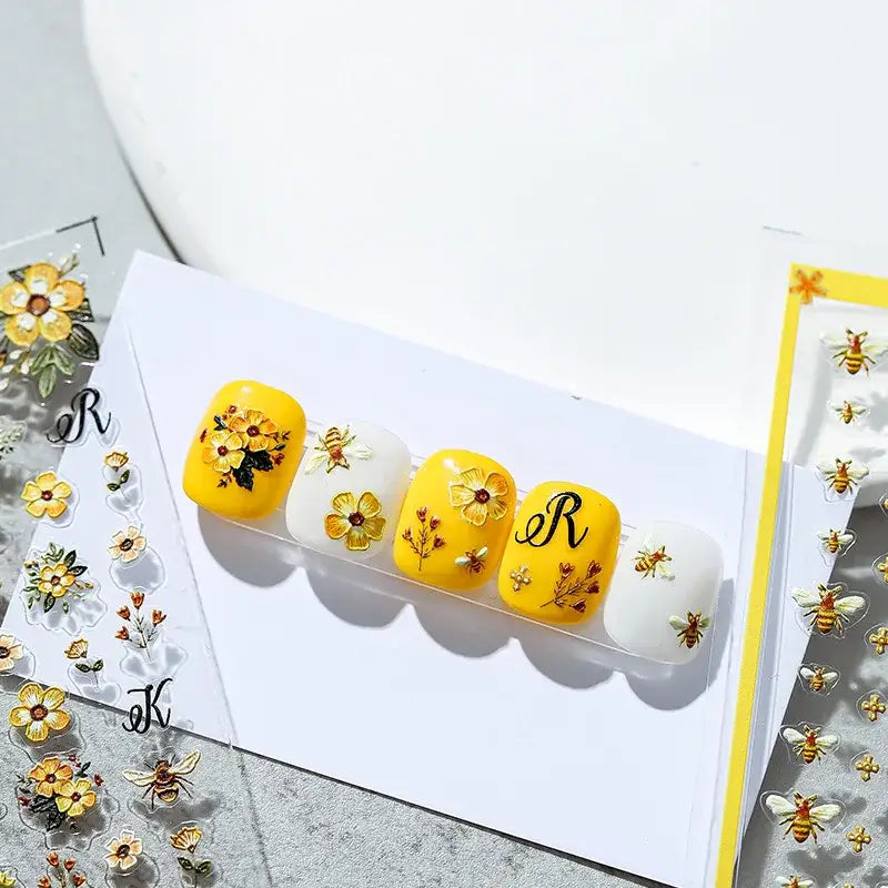 5D Kawaii Bee Nail Stickers – Yellow Embroidered Effect
