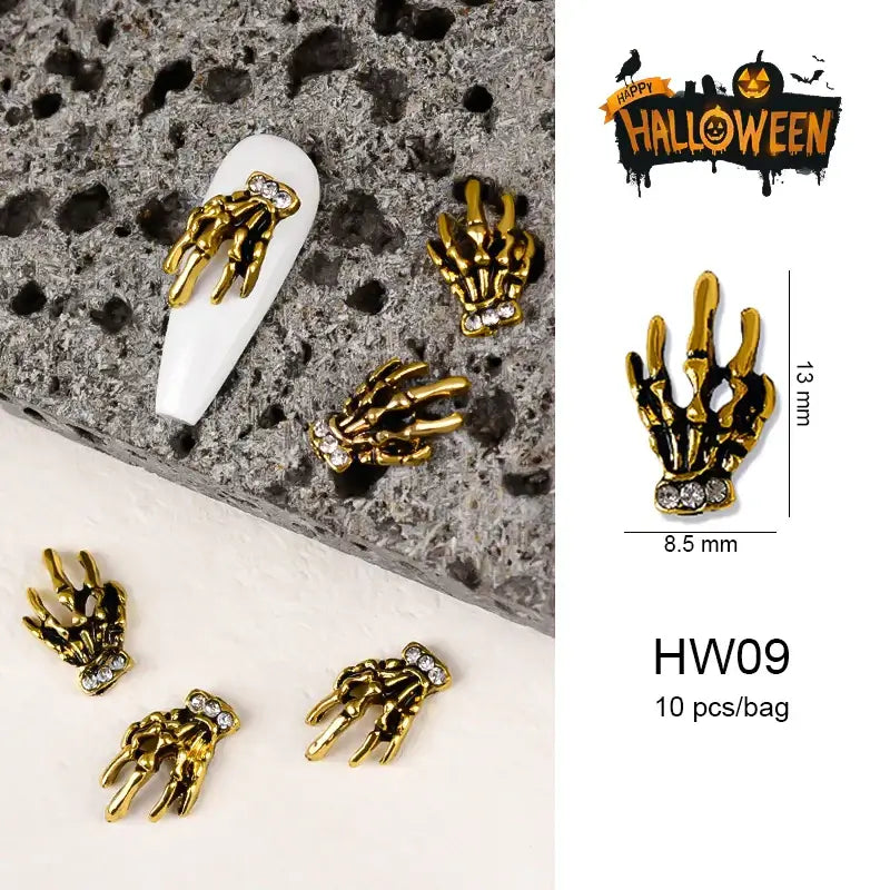 Halloween Nail Charms – 3D Ghost, Skull, Pumpkin in Gold/Silver