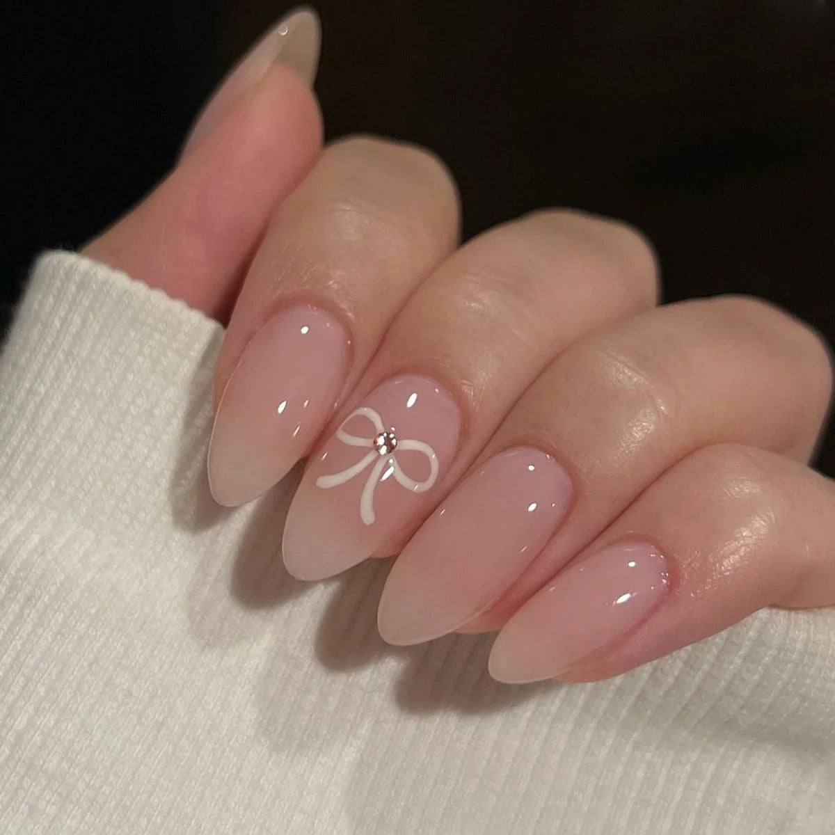Almond Press On Nails | Long French Pink Bow & Flower Design