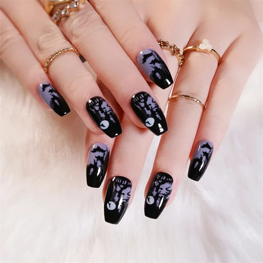 Halloween Round Acrylic Press On Nails – 24PCS Long Set