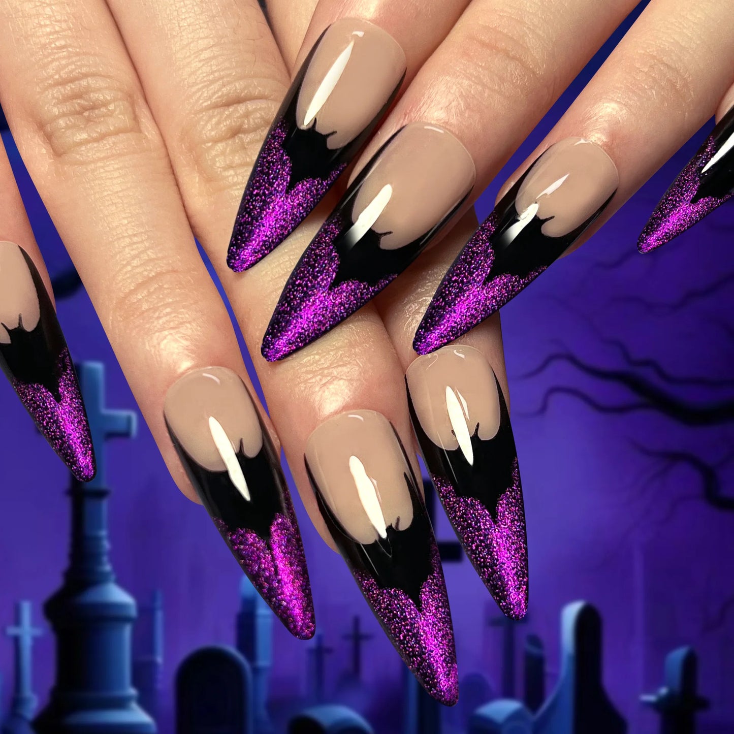 Halloween Spider & Skull False Nails – Purple Halo Press-On Nail Set with Glue