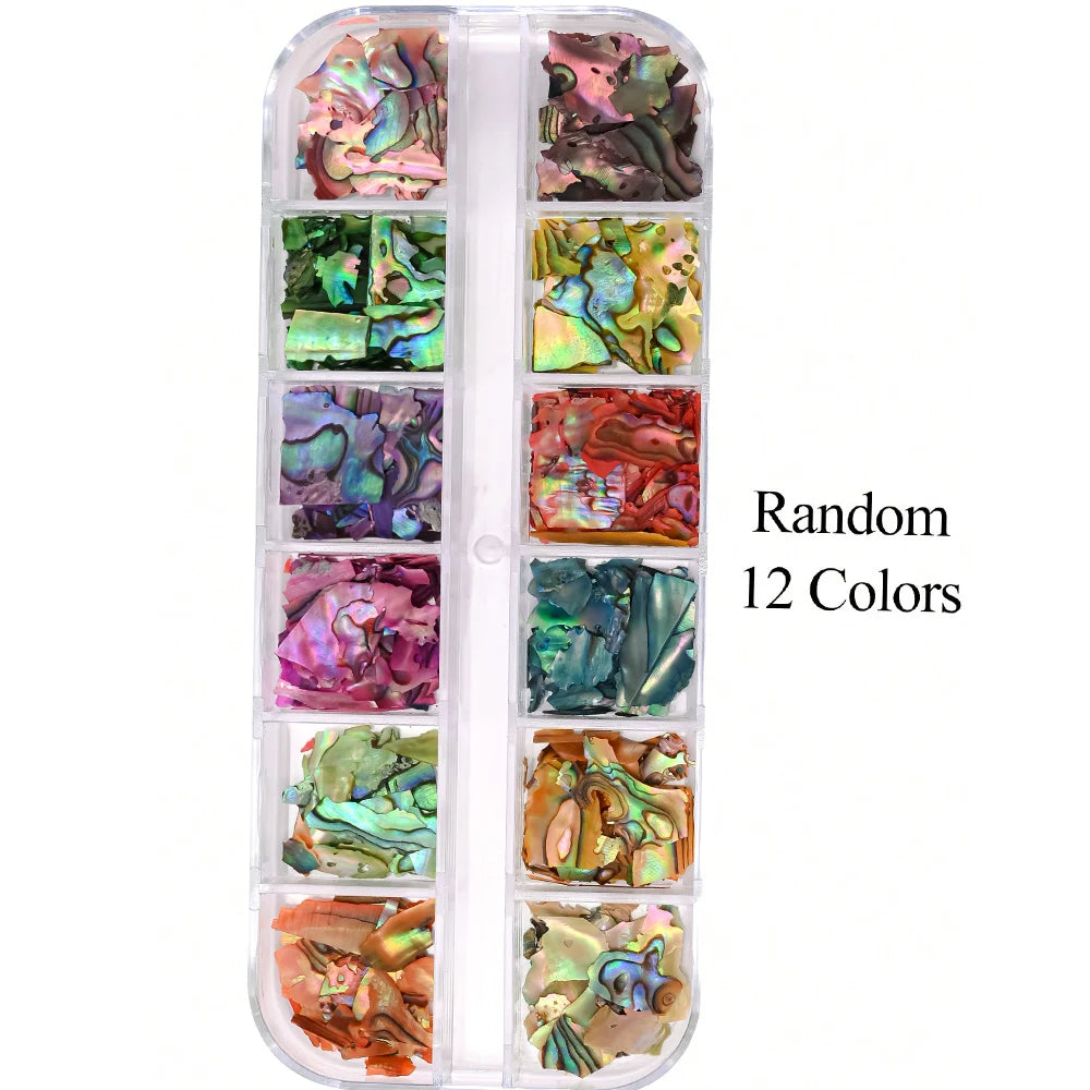 Aurora Abalone Shell Flakes – 12 Grid Nail Art Set