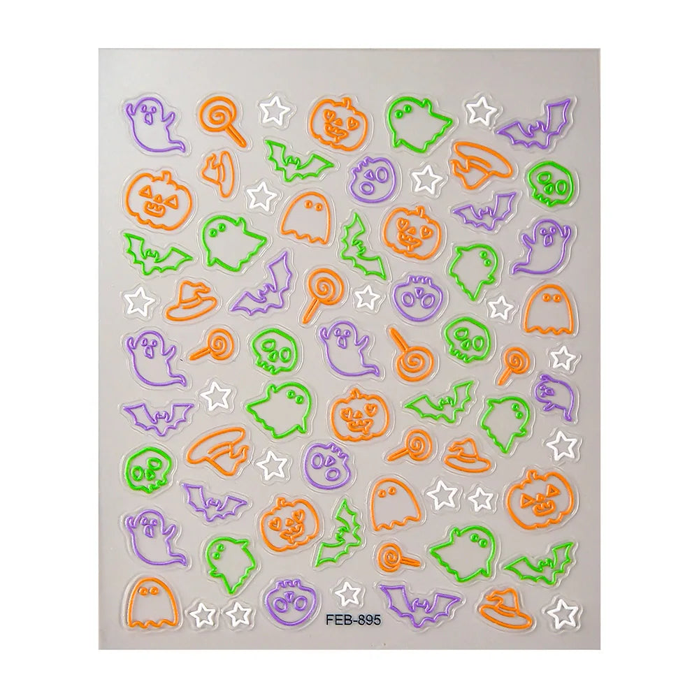 Sheet of Halloween-themed stickers with colorful designs on a gray background