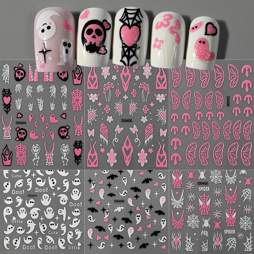 Set of nail art stickers with various designs on a gray background