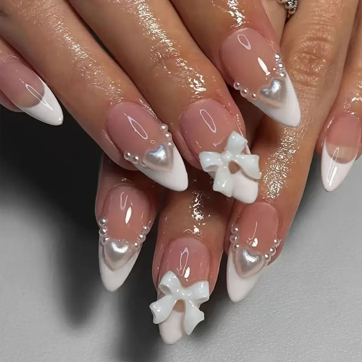 Almond Press On Nails | Long French Pink Bow & Flower Design