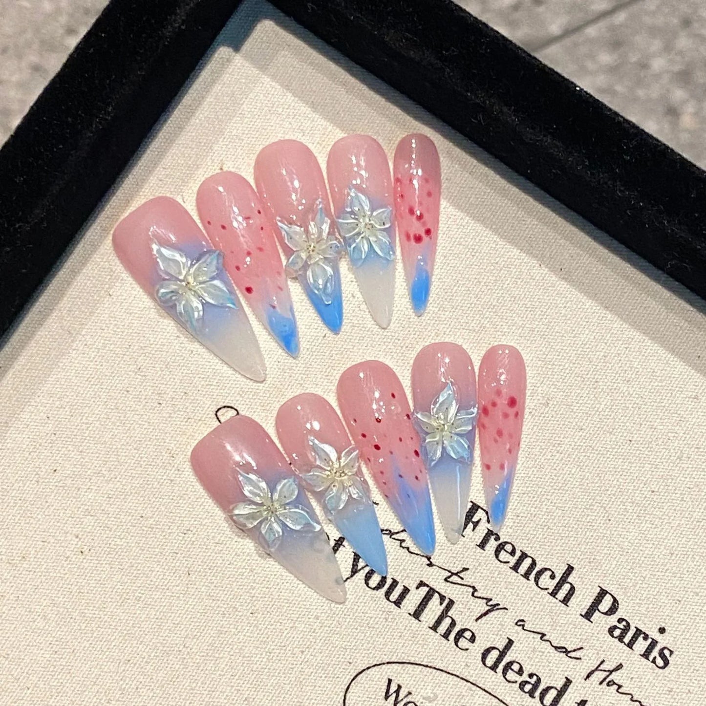 Handmade Glitter Butterfly Rose Long Almond Nails