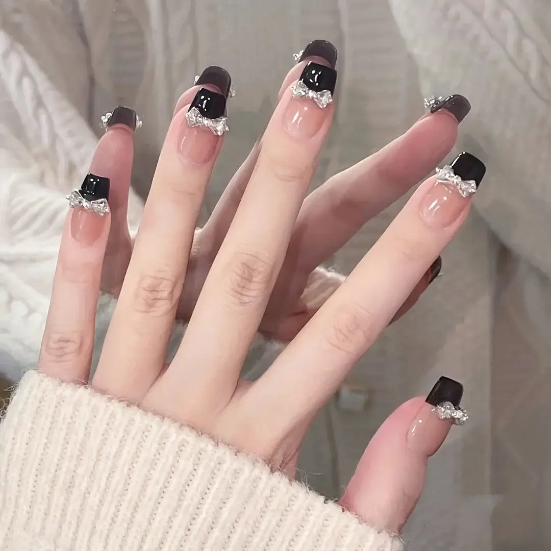 Handmade Medium Press-On Nails – Sparkling Bow Nail Art (10 Pcs)