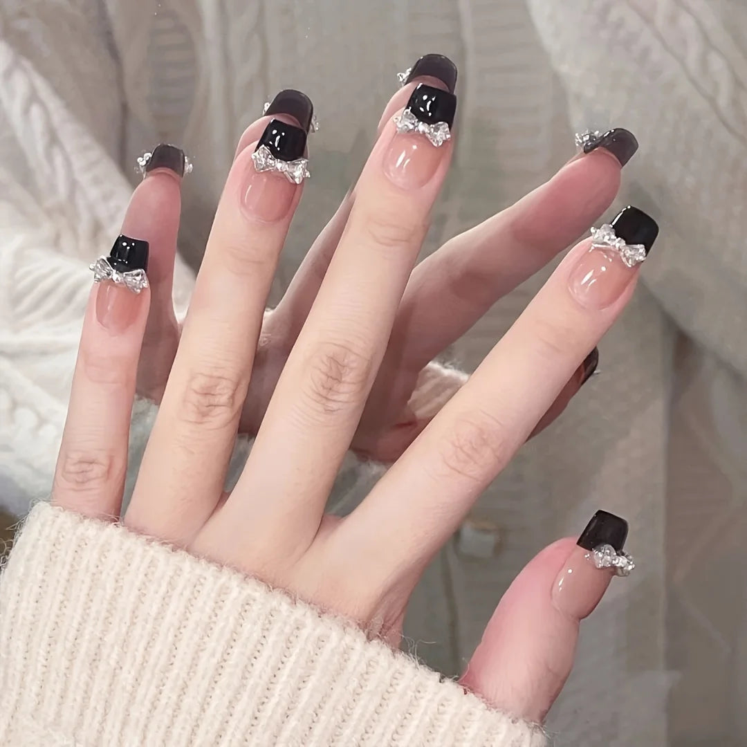 Black French Tip Press On Nails with 3D Bow Nail Art