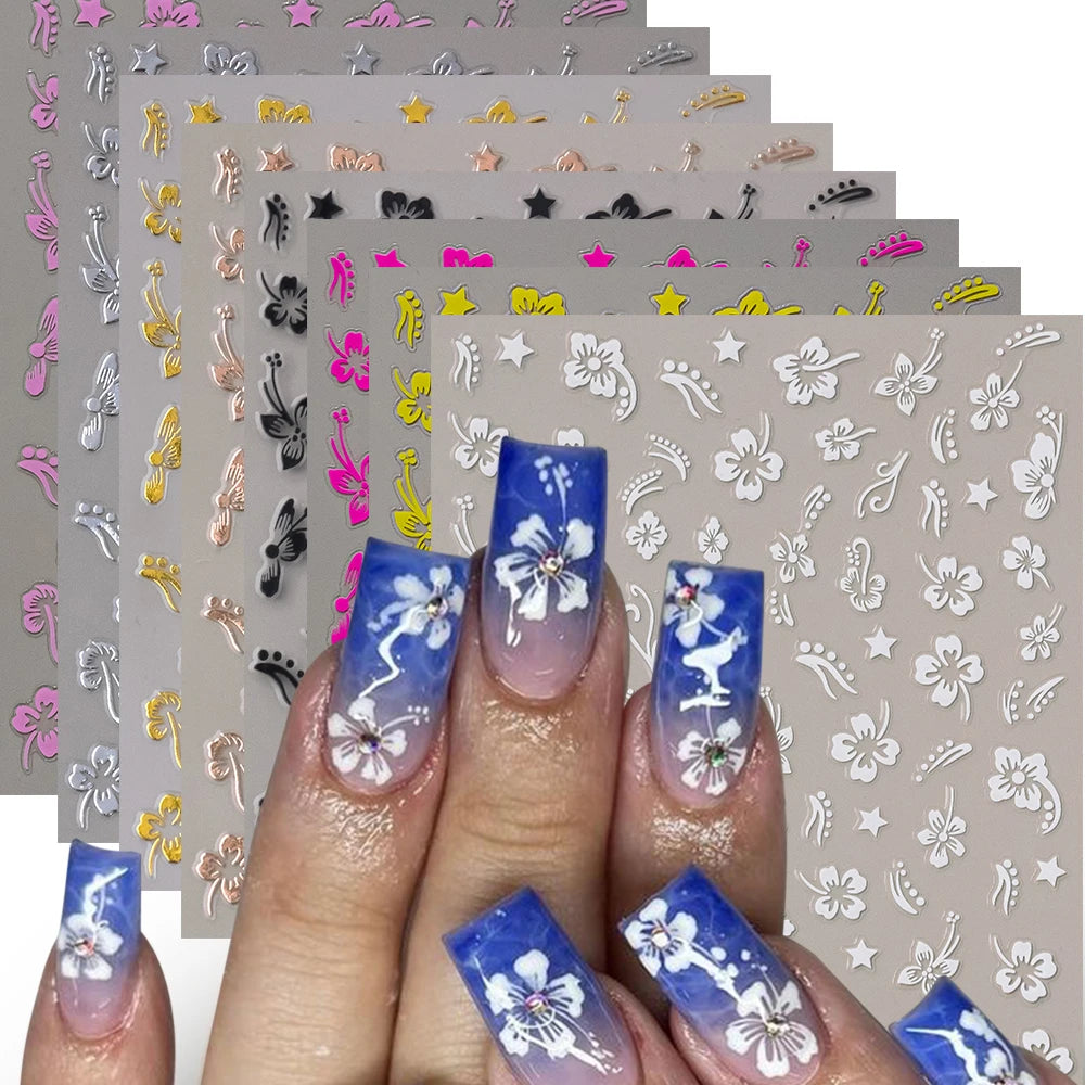 3D Hibiscus Flower Nail Stickers – White & Black Petals with Pink & Gold Accents