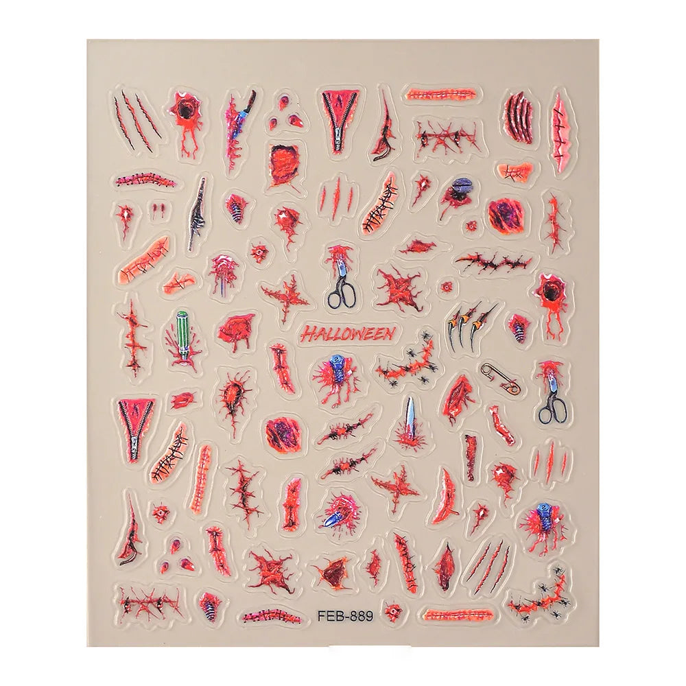Sheet of Halloween-themed temporary tattoos with various designs on a beige background.