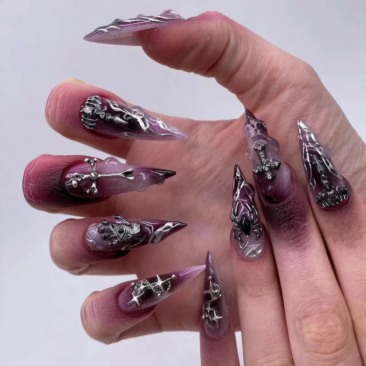 Halloween Spider & Skull False Nails – Purple Halo Press-On Nail Set with Glue