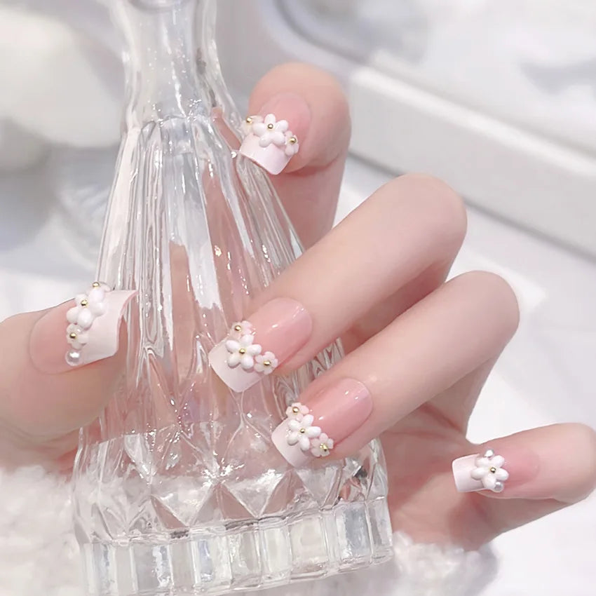 24Pcs Short Almond Press-On Nails – Pink Floral French Tip, Glossy & Elegant