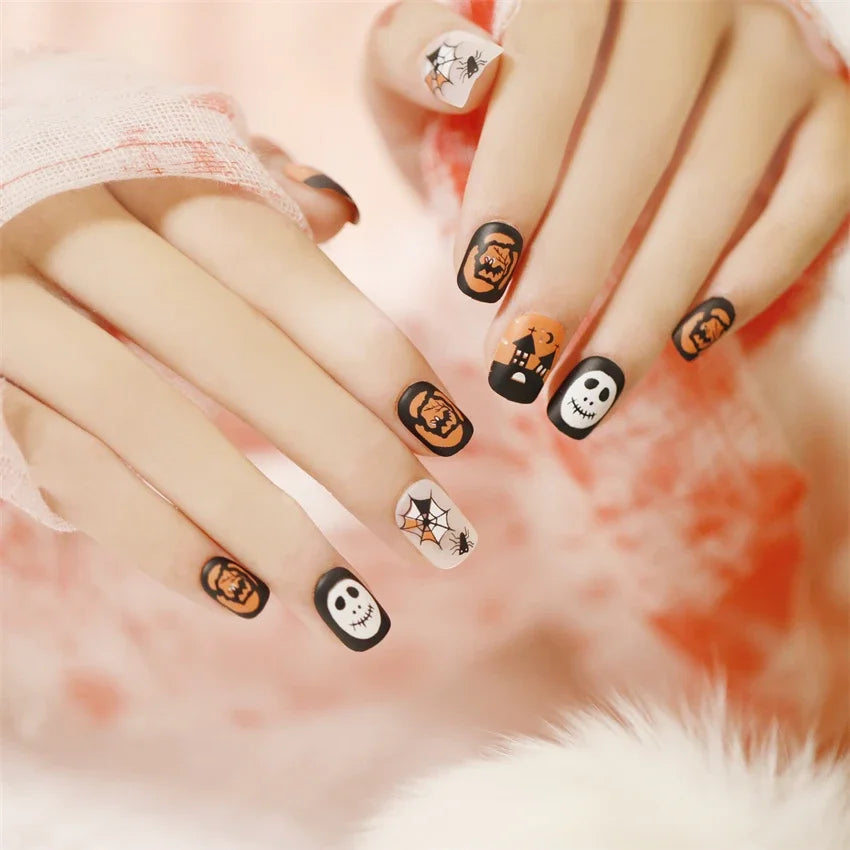 Halloween Round Acrylic Press On Nails – 24PCS Long Set