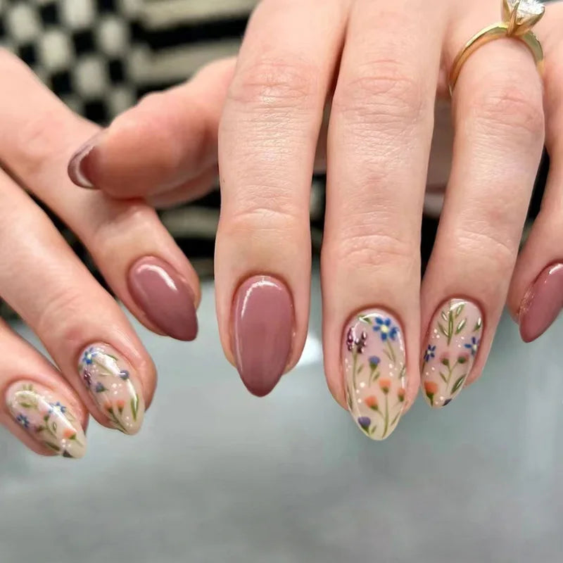 24Pcs Short Almond Press-On Nails – Pink Floral French Tip, Glossy & Elegant