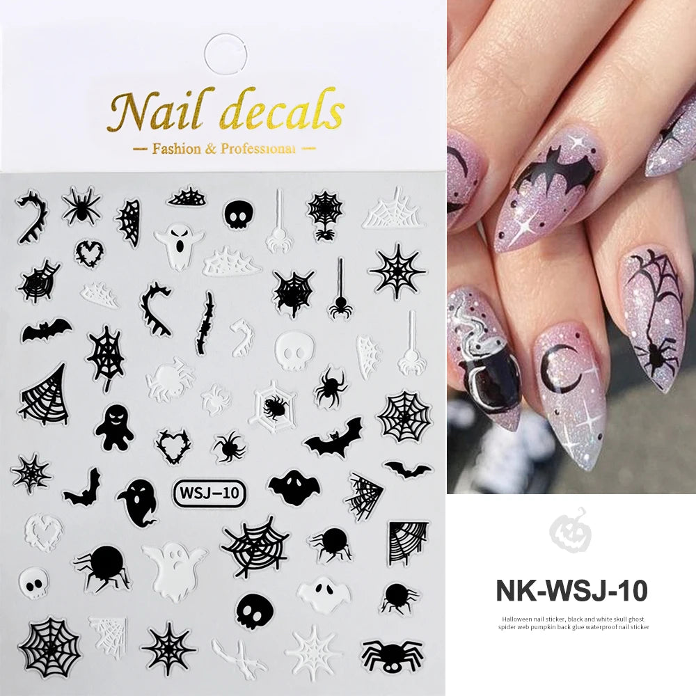 Halloween-themed nail decals with packaging and application on nails.