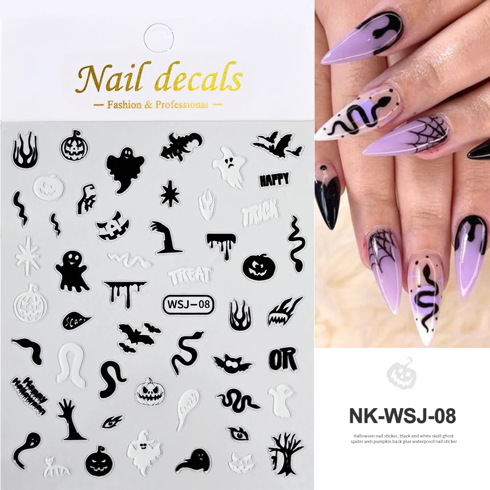 Halloween-themed nail decals with a sheet and applied nails.