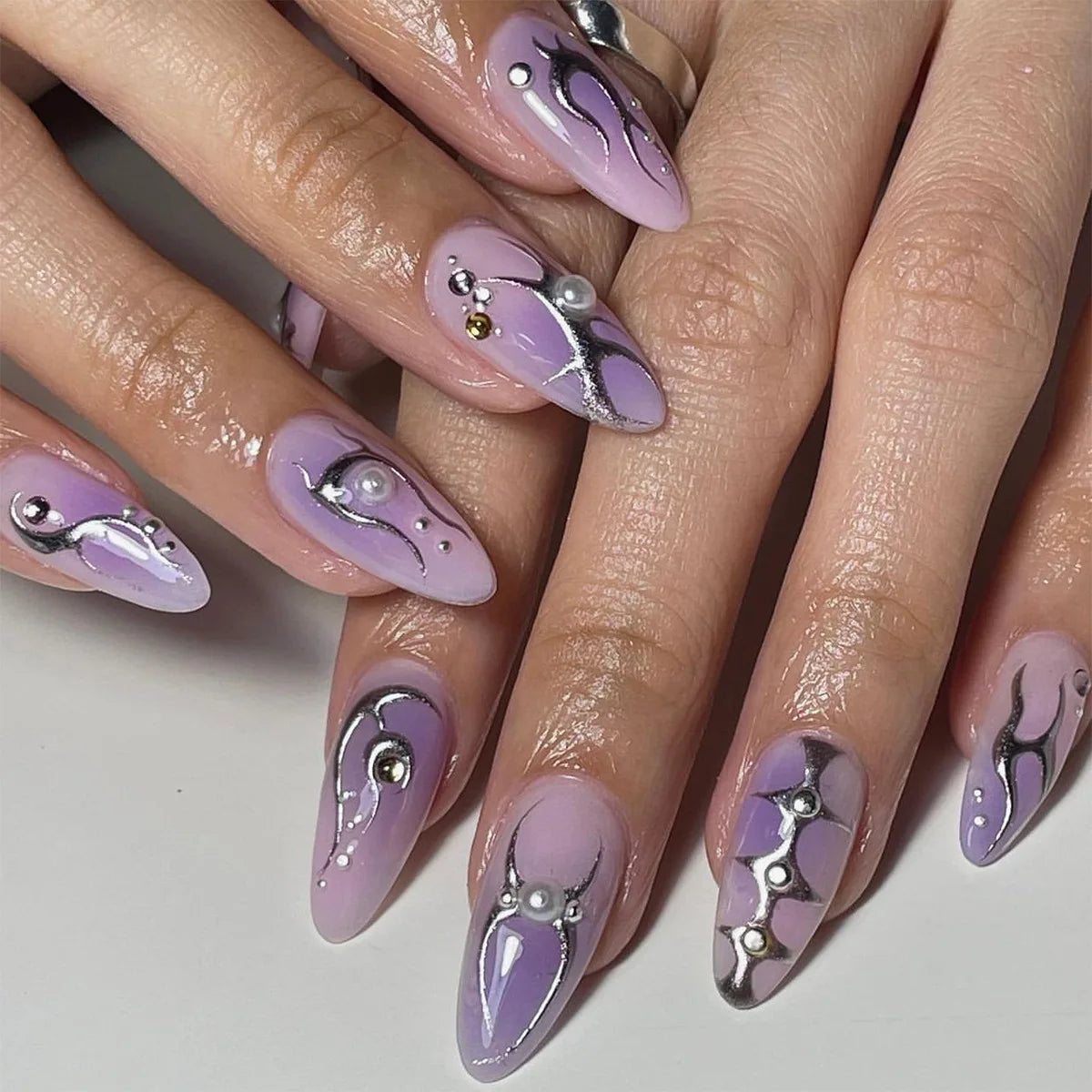 Almond Press On Nails | Long French Pink Bow & Flower Design