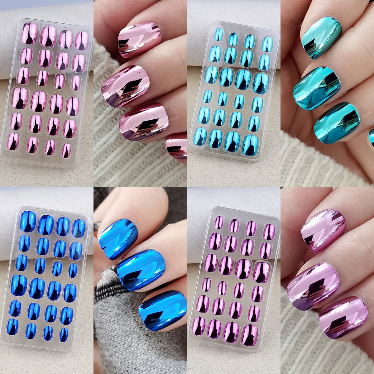 Mirror Chrome Press-On Nails – 24 Metallic Oval Tips