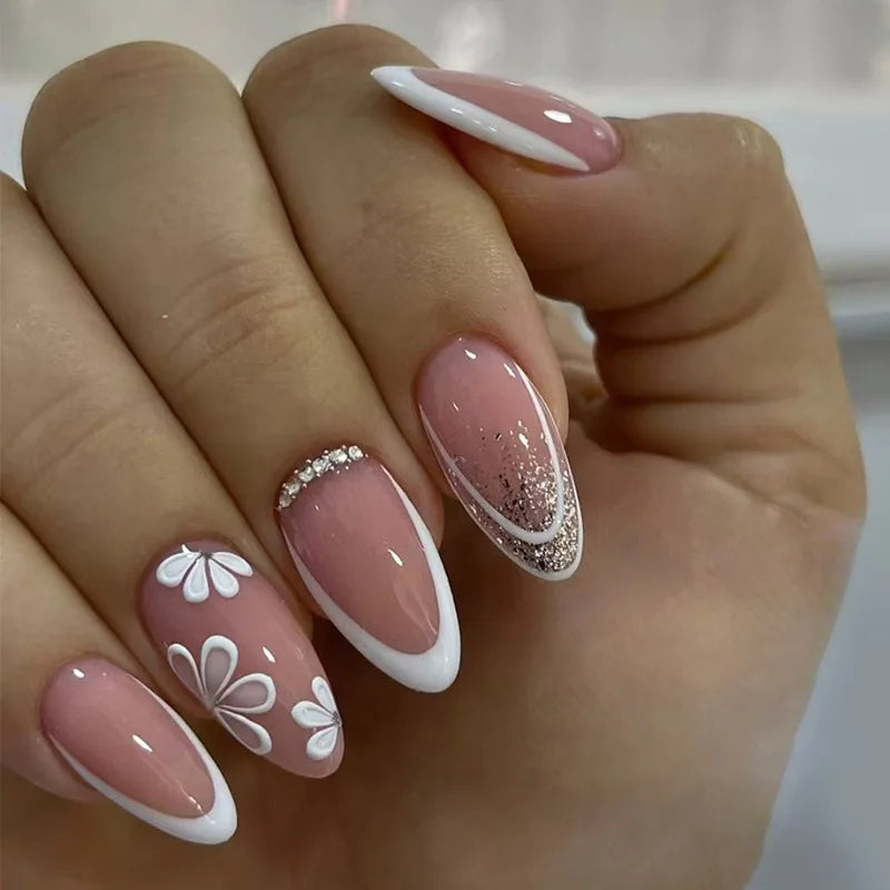 Almond Press On Nails | Long French Pink Bow & Flower Design