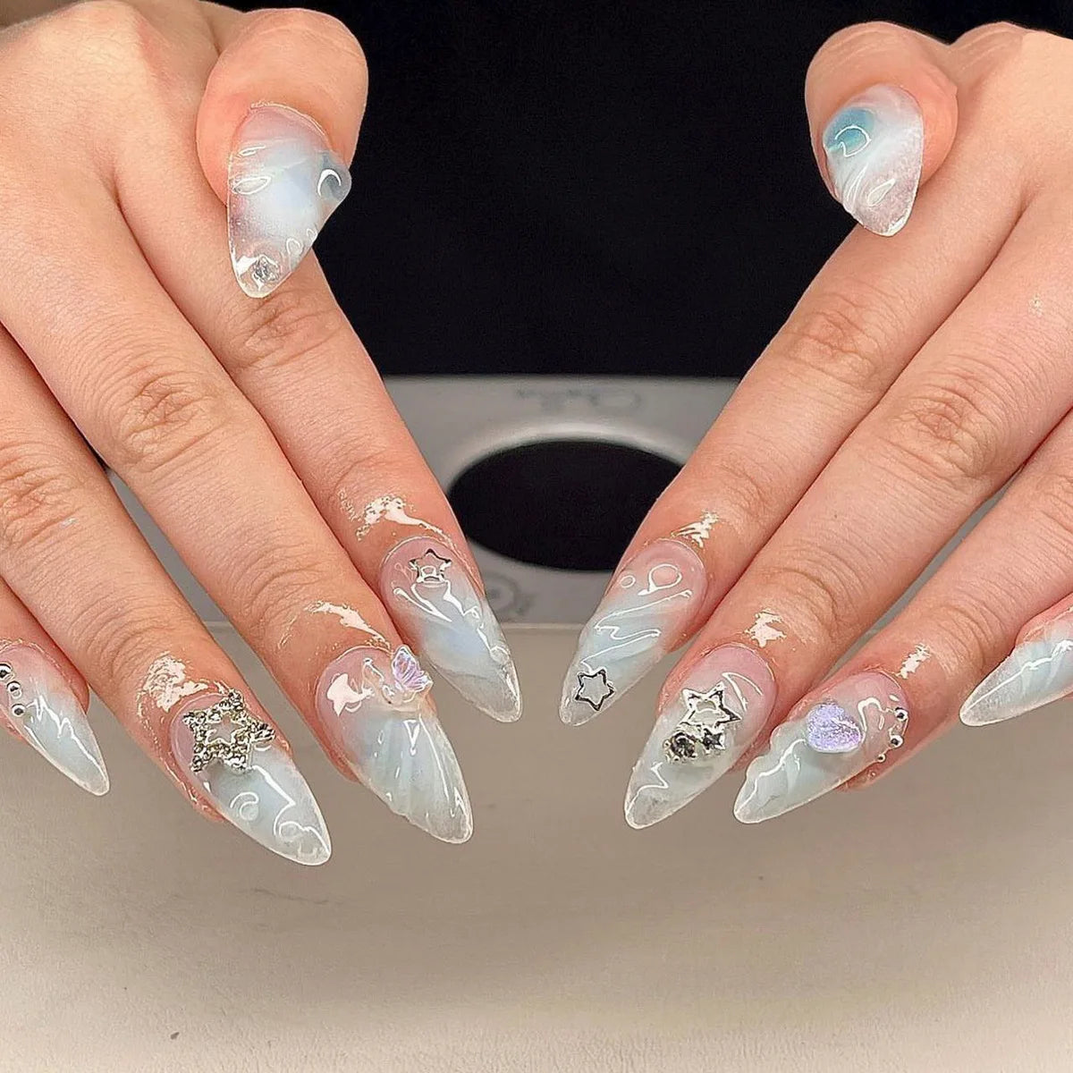 Almond Press On Nails | Long French Pink Bow & Flower Design