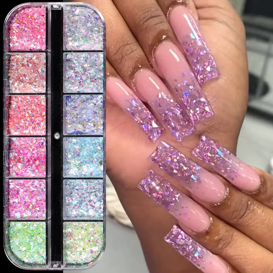 Aurora Chameleon Nail Flakes – 12 Grid Glitter Set