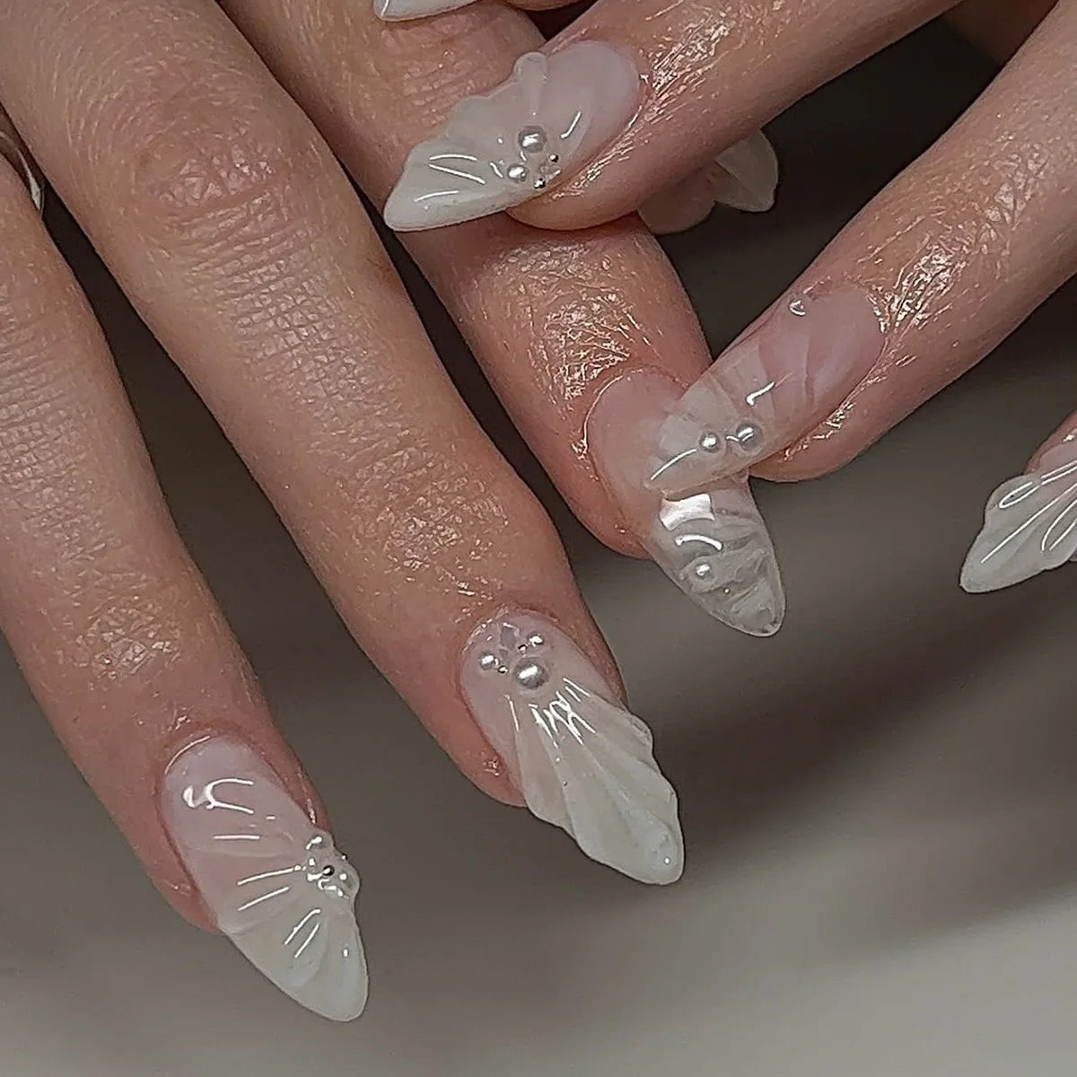 Almond Press On Nails | Long French Pink Bow & Flower Design