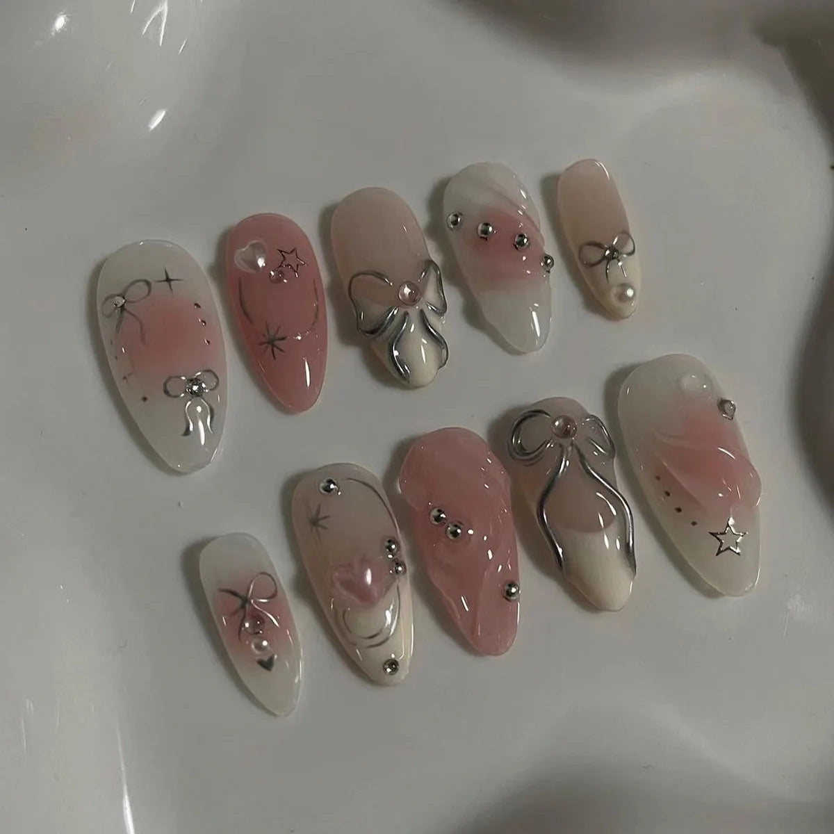 Almond Press On Nails | Long French Pink Bow & Flower Design