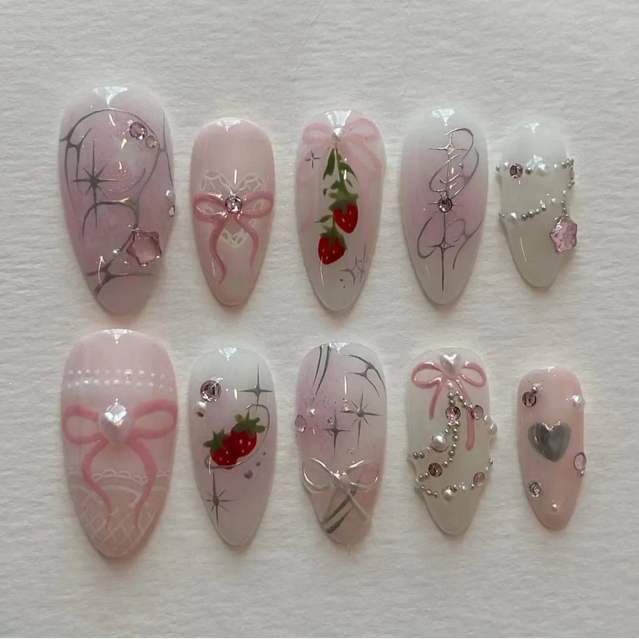 Almond Press On Nails | Long French Pink Bow & Flower Design