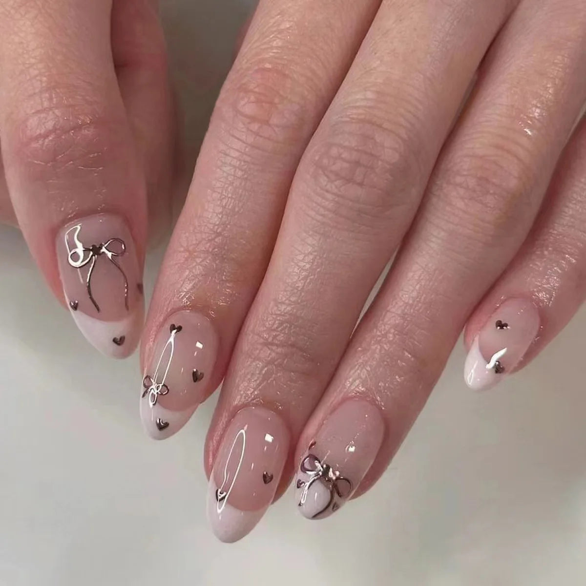 Almond Press On Nails | Long French Pink Bow & Flower Design