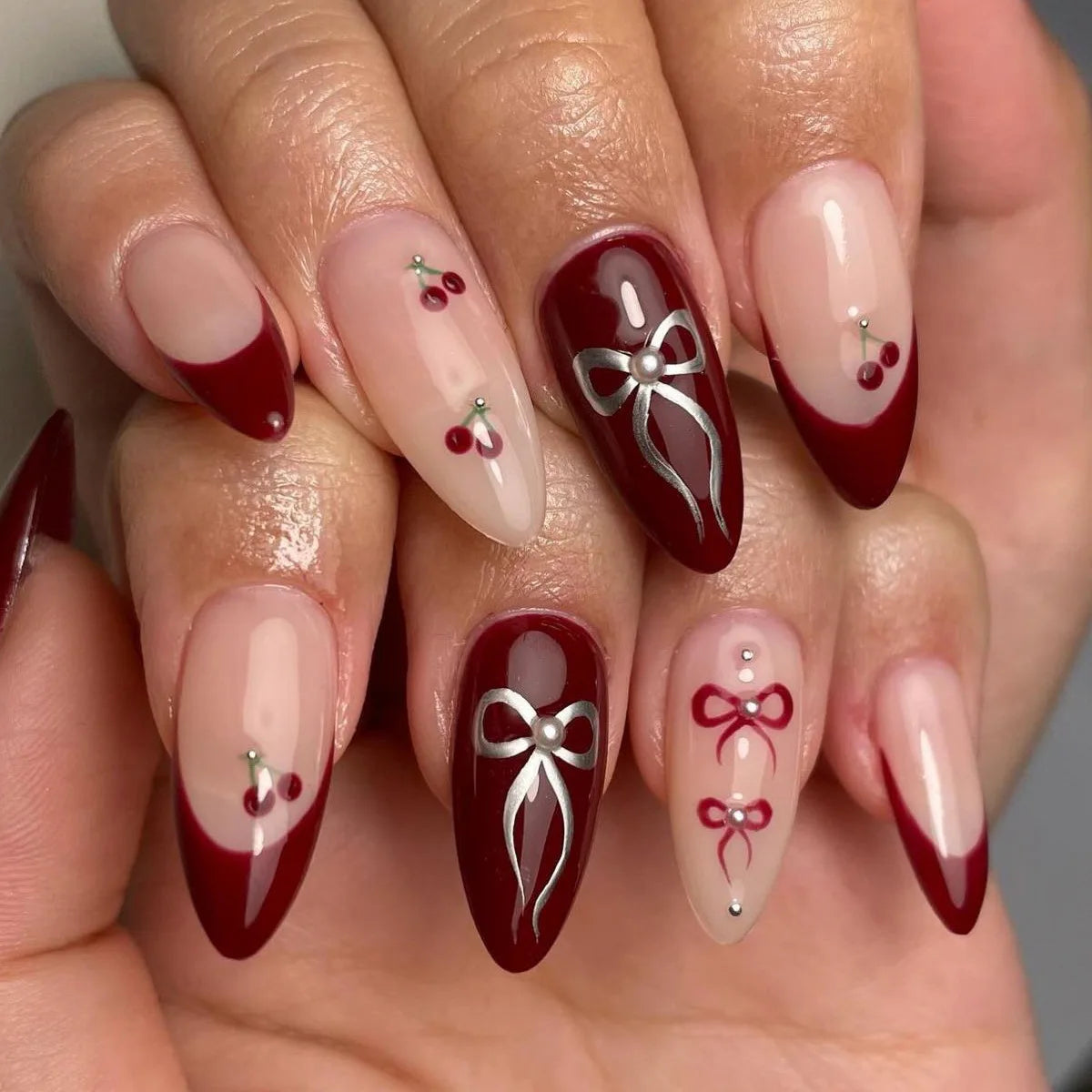 Almond Press On Nails | Long French Pink Bow & Flower Design
