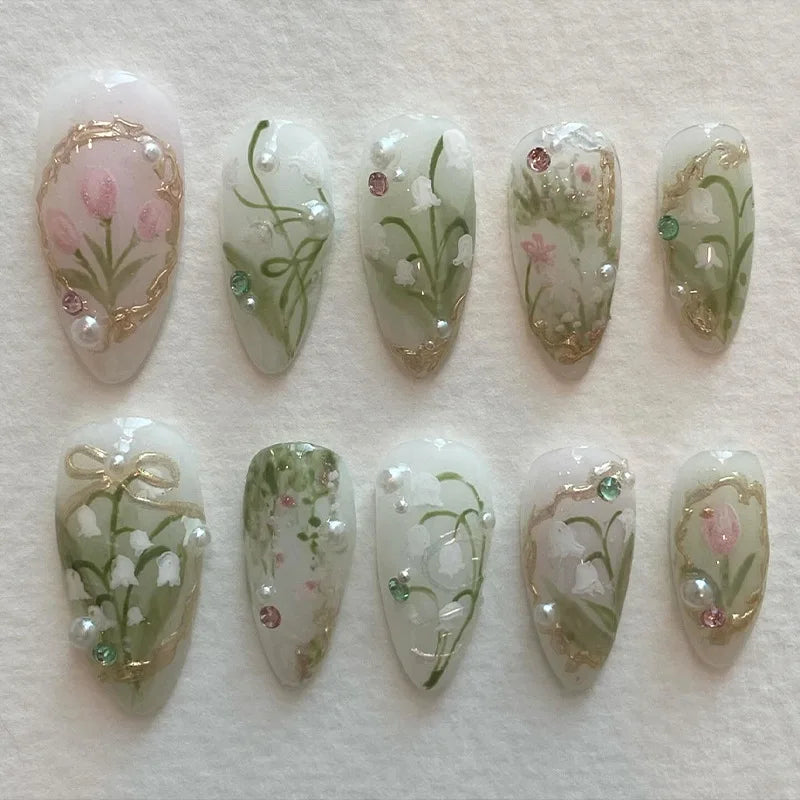Almond Press On Nails | Long French Pink Bow & Flower Design