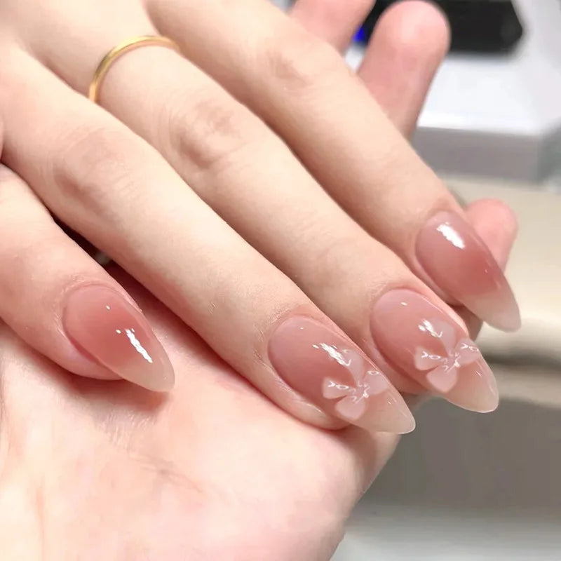 Almond Press On Nails | Long French Pink Bow & Flower Design