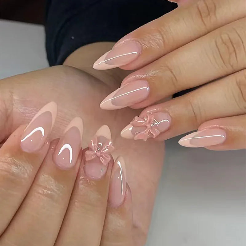 Almond Press On Nails | Long French Pink Bow & Flower Design