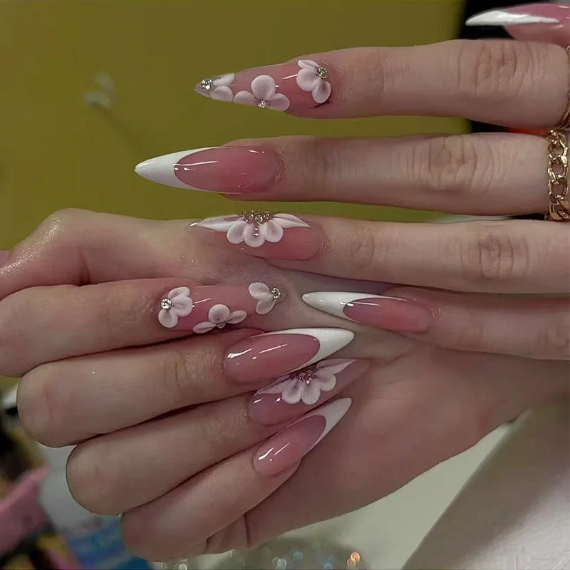 Almond Press On Nails | Long French Pink Bow & Flower Design
