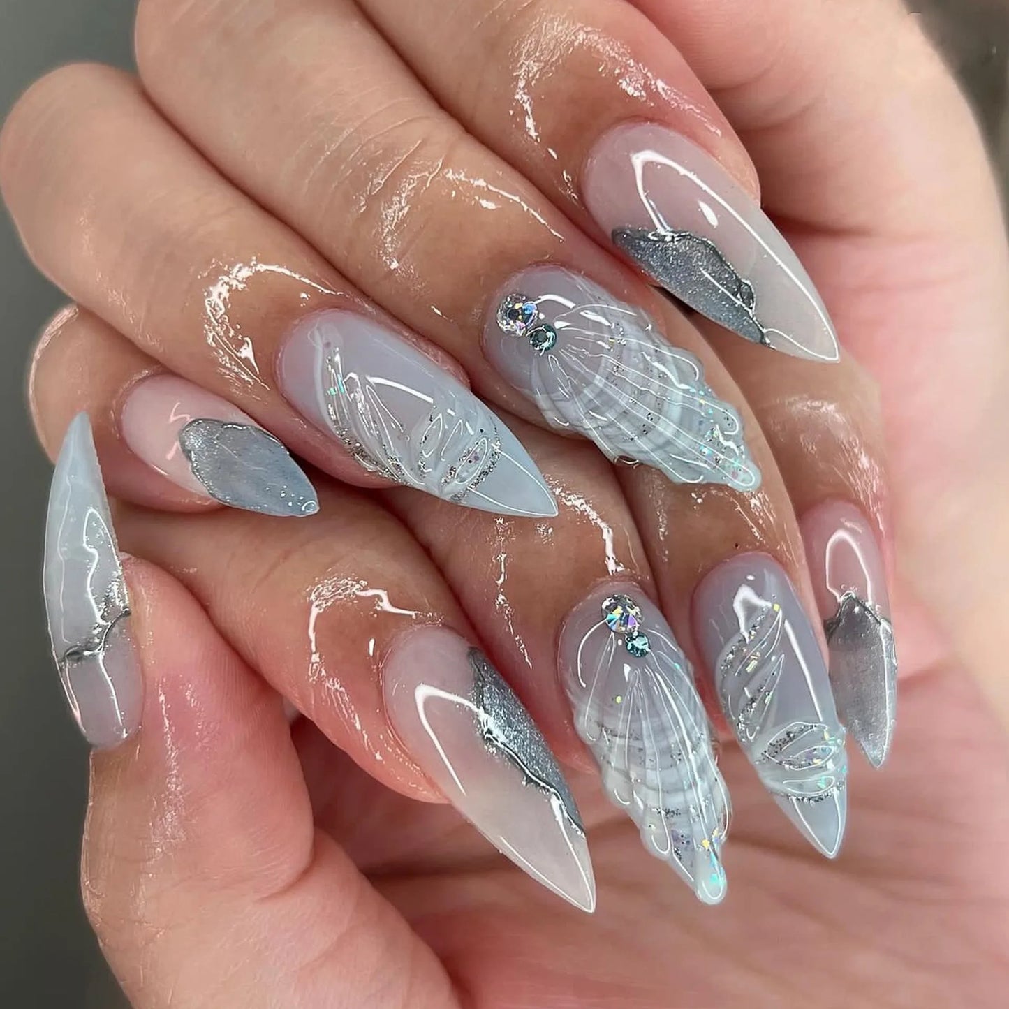 Almond Press On Nails | Long French Pink Bow & Flower Design