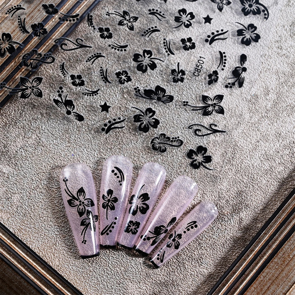 3D Hibiscus Flower Nail Stickers – White & Black Petals with Pink & Gold Accents