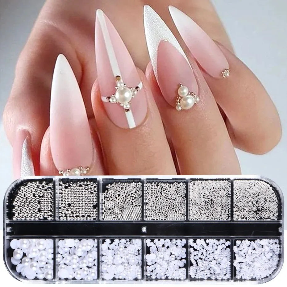 12 Grids White Nail Charms – Caviar Beads & Half Pearls